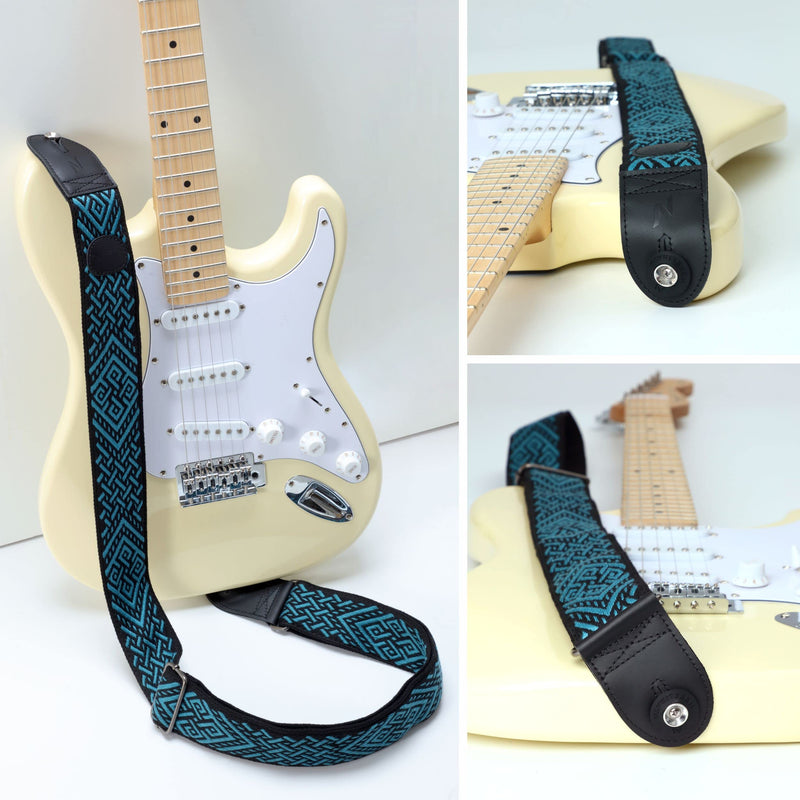 Nefelibata Guitar Strap with Pick Pocket, 2 Inch Thicker Woven Guitar Straps with Double Full Grain Leather Ends for Bass, Electric and Acoustic Guitars (Free Guitar Accessory Set) Blue Diamond