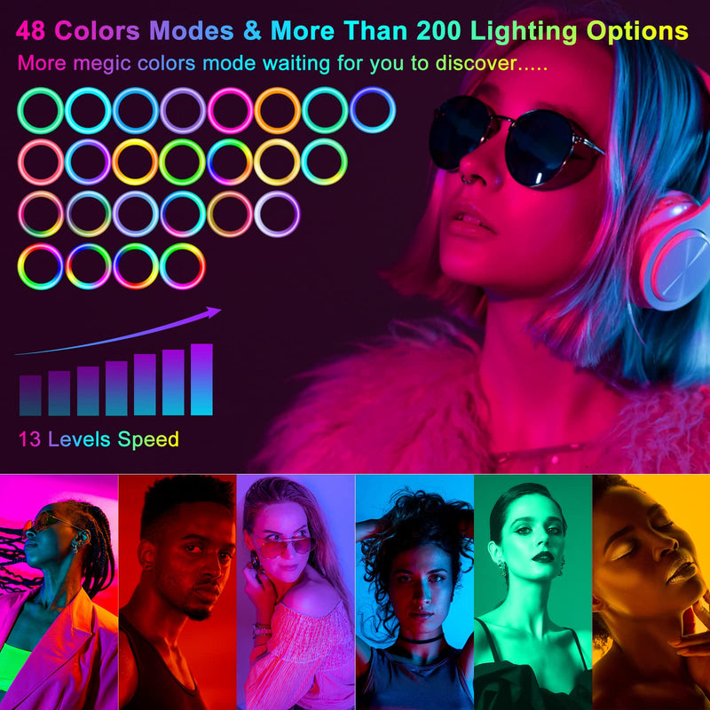 WisaKey 13" RGB Ring Light with 63" Stand and 2 Phone Holders, Tablet iPad Holder, Sunset Lamp, 51 Color Modes Selfie Ringlight with Desk Tripod, Halo Ring Light for TikTok/Live Stream/Makeup/YouTube 13 inch ring light with sunset lamp