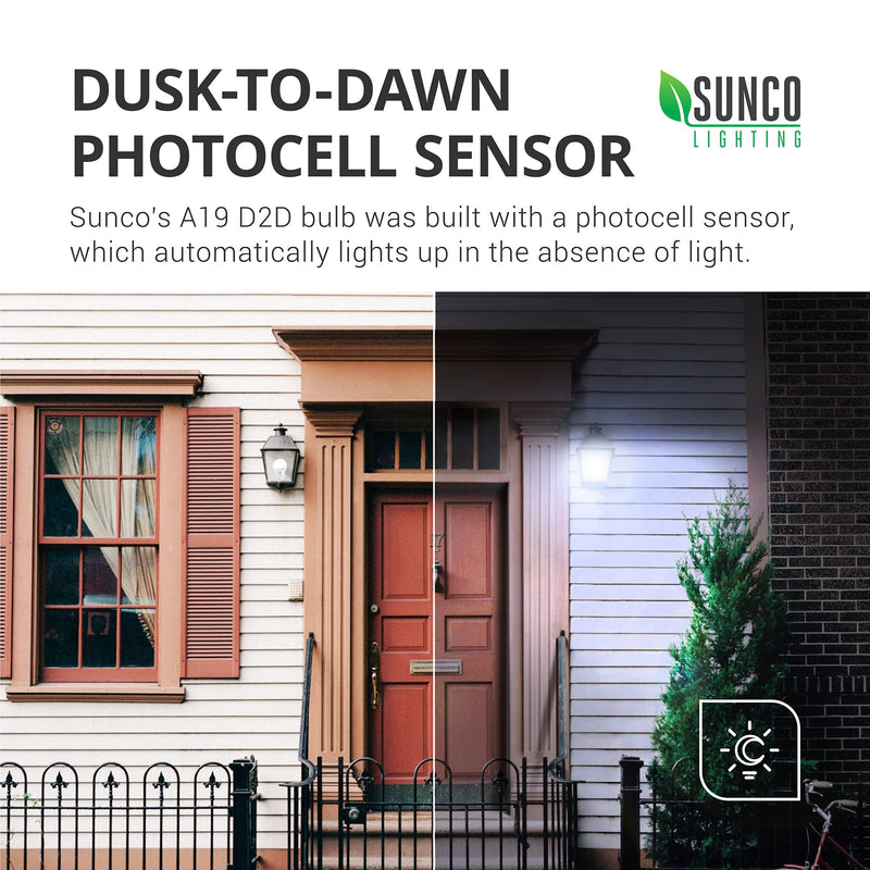 Sunco Lighting 6 Pack A19 LED Bulb with Dusk-to-Dawn, 9W=60W, 800 LM, 3000K Warm White, Auto On/Off Photocell Sensor - UL