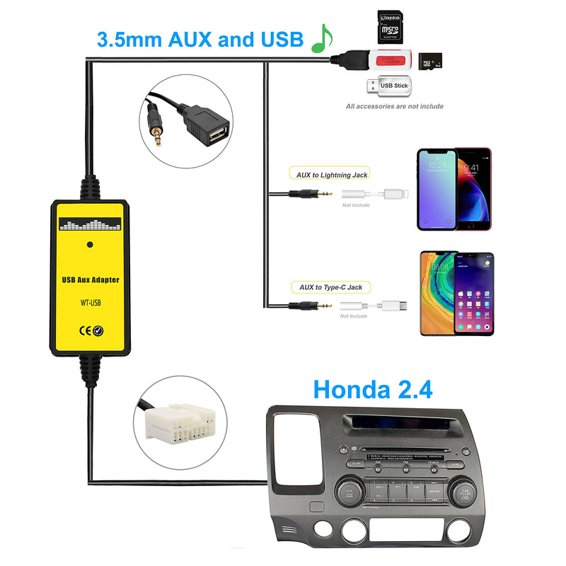 Yomikoo AUX Adapter, Car Stereo USB & AUX Cable CD Changer for Honda 2003-2011 Accord, 2002-2011 City, 2005-2011 CRV, 2006-2010 Civic, 2005-2010 Odyssey