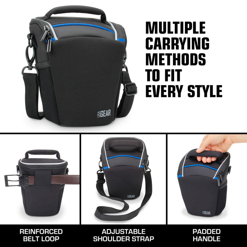 USA Gear SLR Camera Small Case Bag for Men and Women with Top Loading Accessibility, Adjustable Shoulder Sling, Padded Handle - Comfortable, Durable and Light Weight for Nikon, Canon, etc (Black) Black