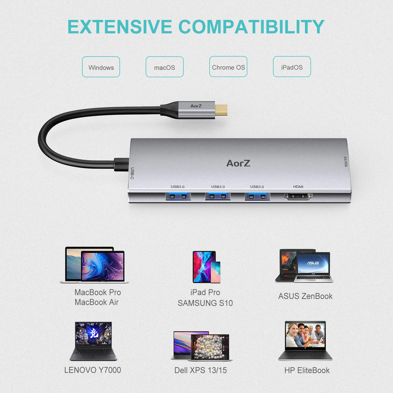 USB C Hub, USB Hub to HDMI Multiport AorZ USB C Dongle Adapter 7 in 1 with 4K HDMI Output,3 USB 3.0 Ports,SD/Micro SD Card Reader,100W PD,Compatible with MacBook Pro Air HP XPS and More Type C Devices