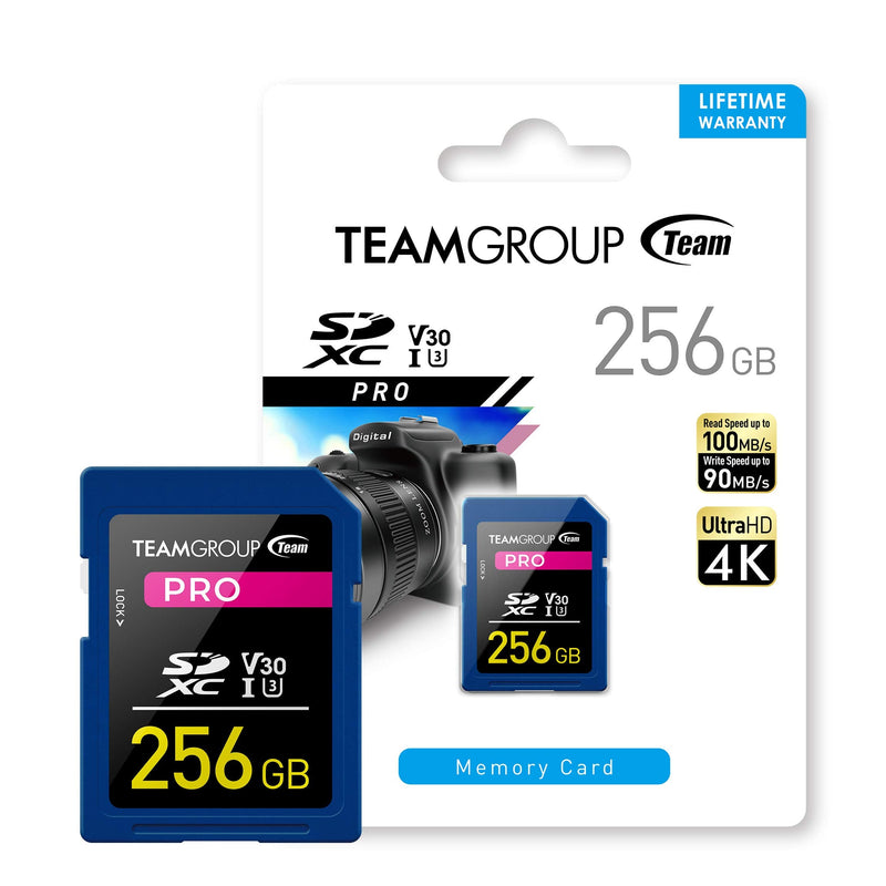 TEAMGROUP PRO 256GB UHS-I U3 V30 4K UHD Read/Write Speed up to 100/90MB/s SDXC Memory Card for Professional Vloggers, Filmmakers, Photographers & Content Curators TPSDXC256GIV30P01 PRO U3 V30