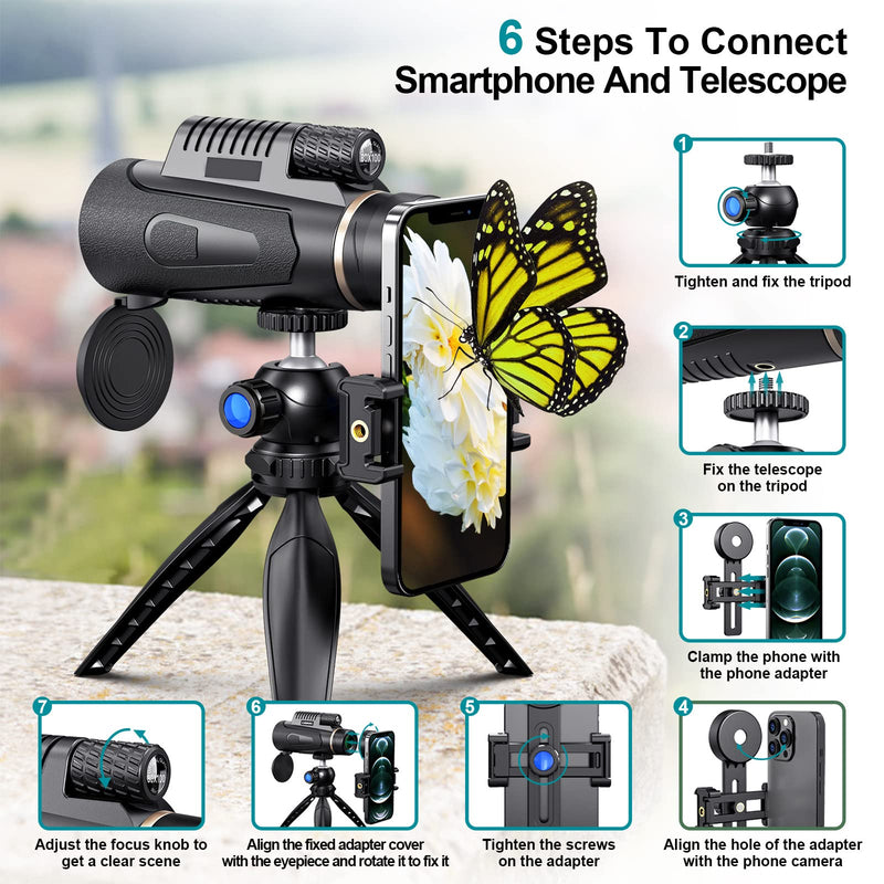80x100 Monocular Telescope, with Smart Phone Adapter and Metal Tripod-BAK4 Prism monocular Telescope, has a Clear Low-Light Field of Vision, Suitable for Wildlife Hunting, Camping and Bird Watching.