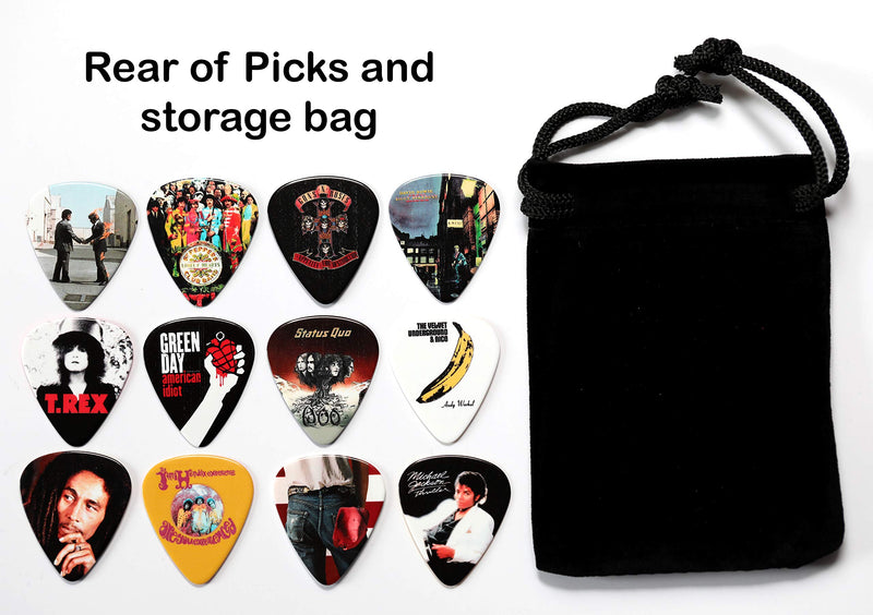24 Classic Albums on 12 Double Sided Guitar Picks + Storage Bag for your Plectrums