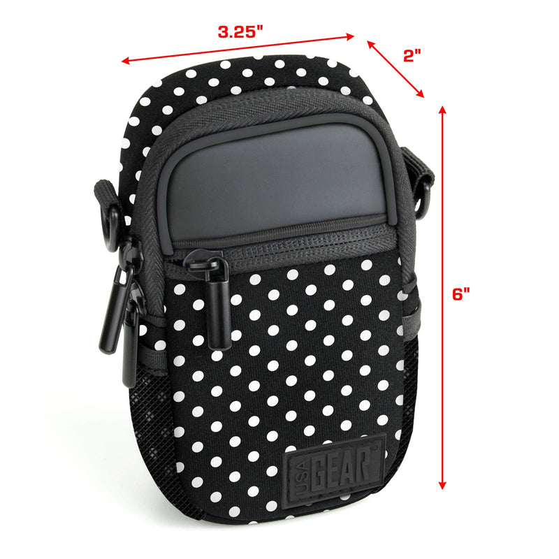 USA GEAR Compact Camera Case (Polka Dot) Point and Shoot Camera Bag with Accessory Pockets, Rain Cover and Shoulder Strap-Compatible with Sony CyberShot, Canon PowerShot ELPH, Nikon COOLPIX and More Polka Dot