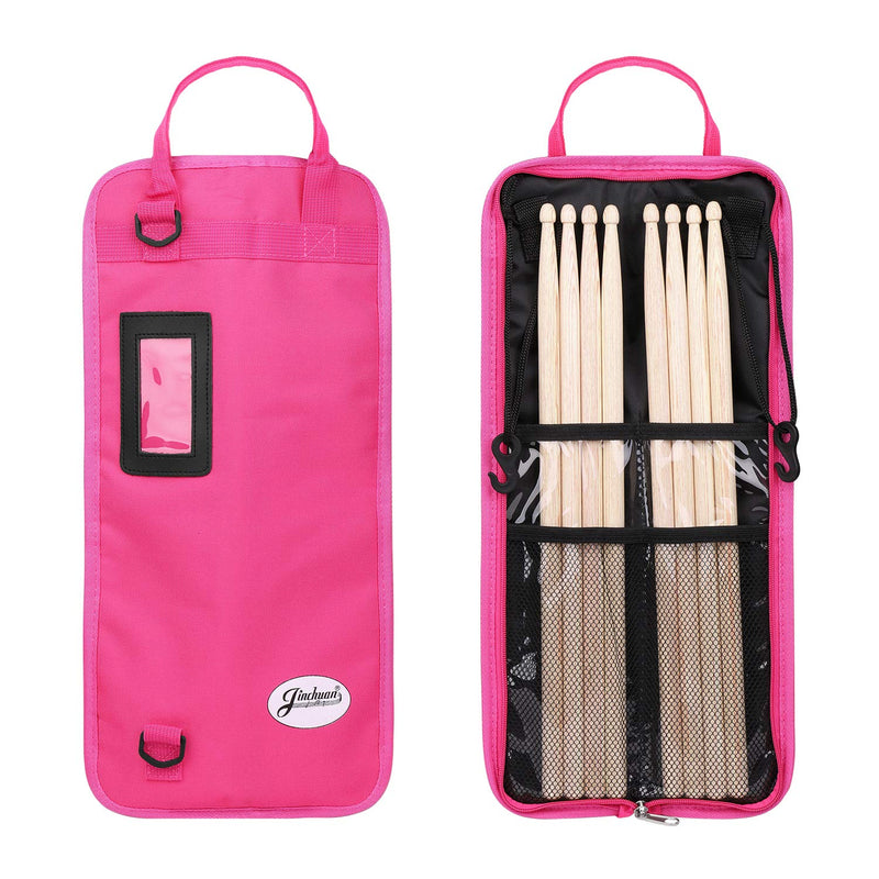 Flexzion Drumsticks Gig Bag, Percussion Music Accessory Case w/a Hook, Adjustable Shoulder Strap, Carrying Handle & Card Holder for 4 Pairs of Drumstick, Kid Drummer, Water-Resistant Fabric, Hot Pink