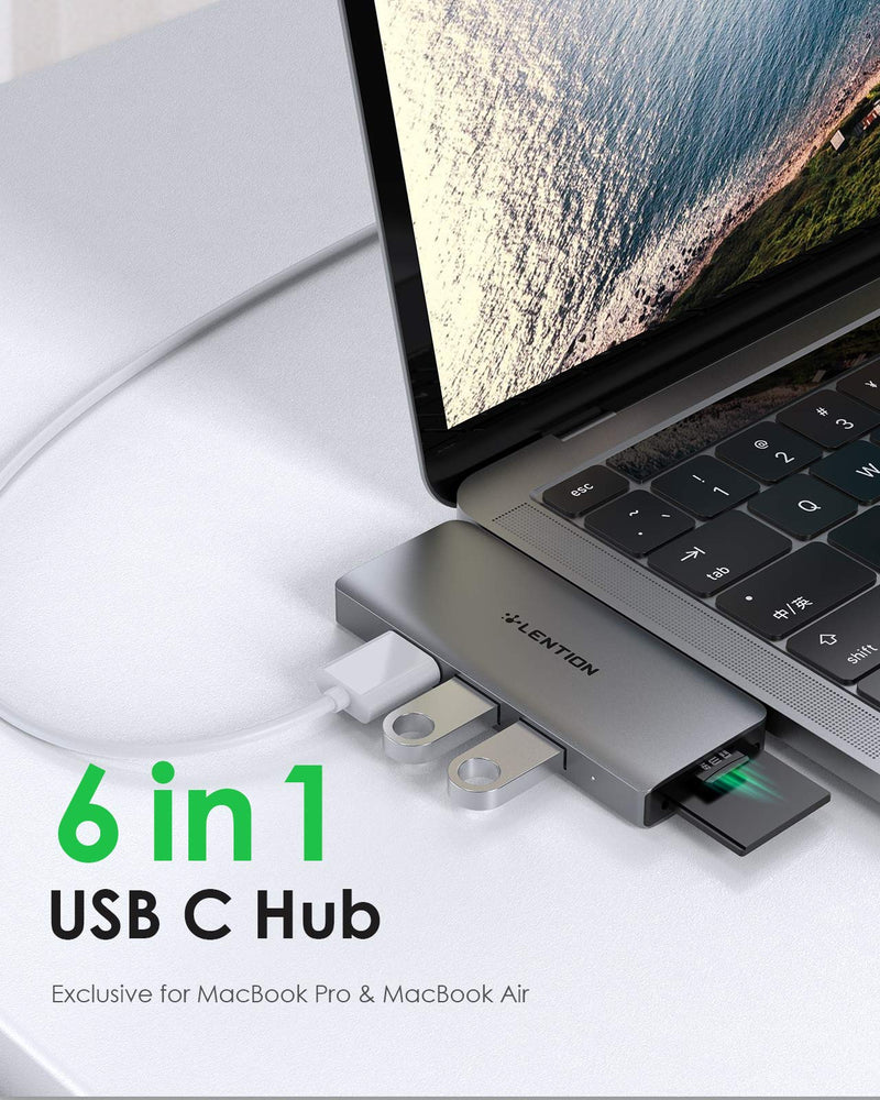 LENTION 6 in 1 USB C Hub with 1 USB C (100W PD+ 40Gbps Data), 3 USB 3.0 & SD/Micro SD Card Reader Compatible 2016-2021 MacBook Pro 13/15/16, New Mac Air, Stable Driver Adapter (CB-CS62, Space Gray)