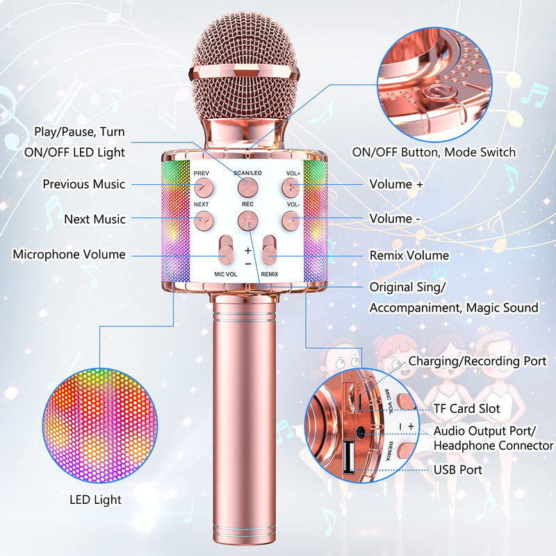 Wowstar Karaoke Bluetooth Microphone, 5 in 1 Wireless Microphone for Kids Adults, Dancing LED Lights Portable Speaker Karaoke Machine for Home KTV Party Singing (Rose Gold) Rose Gold-01