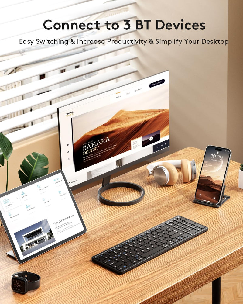 Foldable Bluetooth Keyboard with Numeric Keypad, Samsers Full-Size Wireless Folding Keyboard with PU Leather, Portable Travel Keyboard for iOS Android Windows Mac OS, Support 3 Device(BT5.1 x 3) Black Elegant Black
