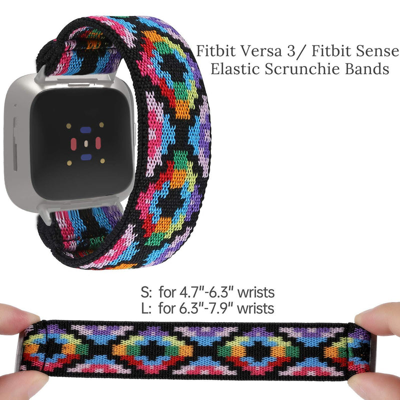 TOYOUTHS 2-Pack Compatible with Fitbit Versa 3 Bands Scrunchie Replacement for Fitbit Sense Elastic Strap Fabric Nylon Fashion Wristband Women Men Large Size (Boho Colorful+Orange)