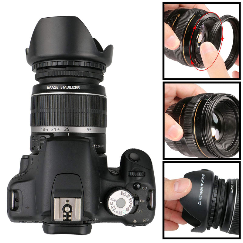 EEEKit 58mm Hard Lens Hood + 58mm Soft Lens Hood + 58mm UV Filter Lens Kit for Canon Rebel T7i T6S T6i T6 T5i T5 T4i T3i T3 T2i T1i XT XTi XSi SL1