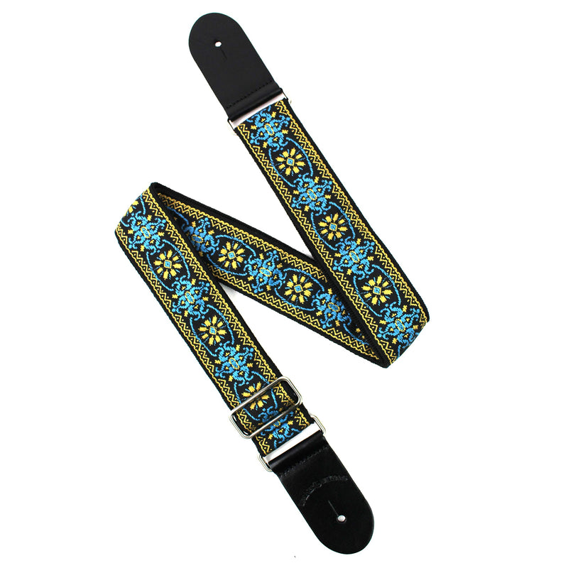 Walker And Williams H-01-MET Vintage Series Blue And Gold Mandala Woven Guitar Strap with Chrome Hardware & Leather Ends