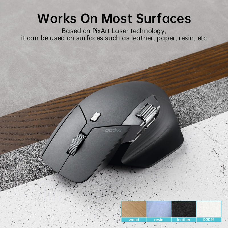 Rapoo MT760L Multi-Device Wireless Mouse, Bluetooth 5.0/3.0 and 2.4GHz Tri-Mode Connection, Support 4 Devices, M+ Cross-Computer Technology, 8 Programmable Buttons, 90 Days Battery Life, Matte Black