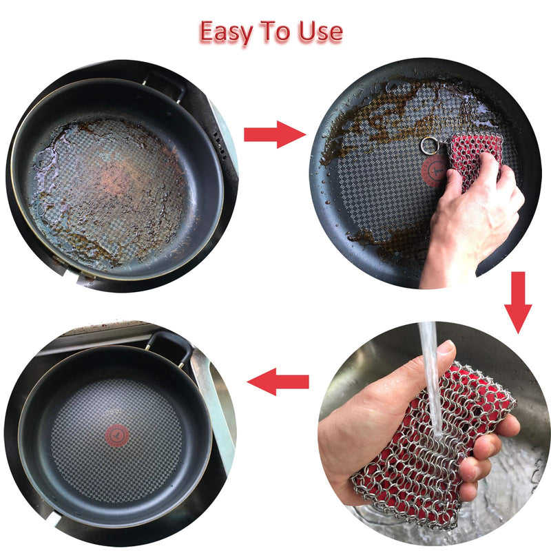 Cast Iron Skillet Cleaner, 316 Stainless Steel Chainmail Cleaning Scrubber with Silicone Insert for Cleaning Castiron Pan,Griddle,Baking Pan