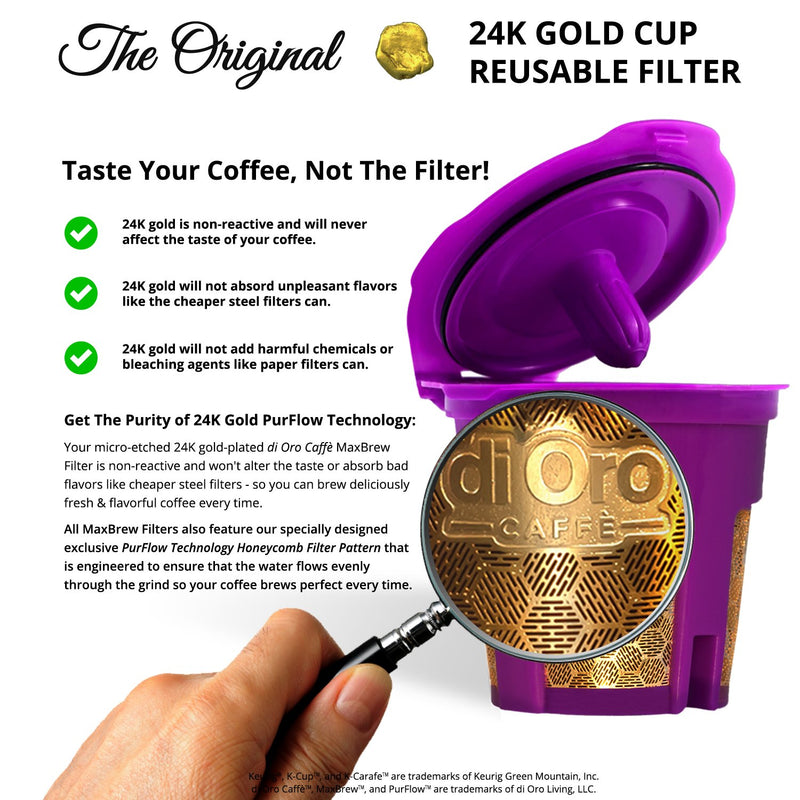 DI ORO MaxBrew Keurig Reusable K Cup Coffee Filter – For Keurig 1.0 and 2.0 Coffee Brewers - 24K Gold Small Refillable Coffee Filter - Fits K200, K300/K350/K360, K450/K460, K500/K550/K560 (Purple)