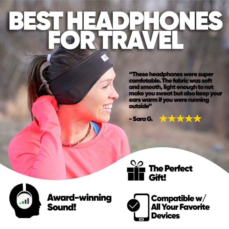 CozyPhones Over the Ear Headband Headphones - Sleep Headphones & Travel Bag, Headband Earphones with Lycra Cool Mesh Lining and Thin Speakers - Black
