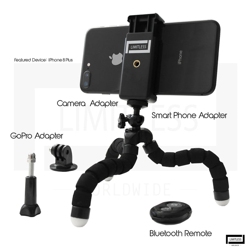 Limitless Phone Tripod, GoPro Tripod, Mini Flexible Camera Stand with Wireless Bluetooth Remote Compatible with iPhone, Android, Cameras and GoPro