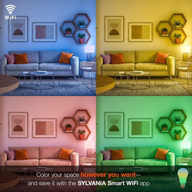 SYLVANIA Wifi Smart Light Bulb, LED 60W Equivalent, Full Color Dimmable A19, Works with Alexa and Google Home, 4 Pack A19 Full Color