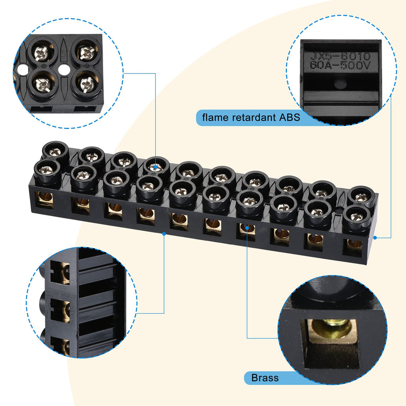 MECCANIXITY Terminal Block 500V 60A Dual Row 10 Positions Screw Electric Barrier Strip