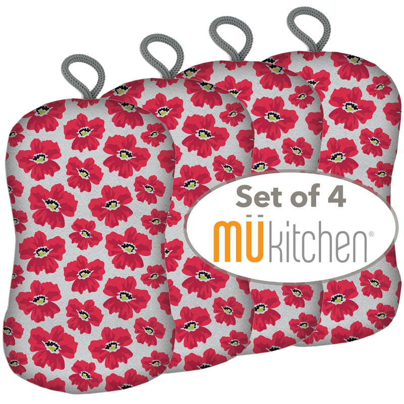 MÜkitchen | Sponge for Dishes and Household Cleaning | Microfiber Print & a Non-Scratch Scrub Pad | Machine Washable & Reusable | Set of 4 | New Poppy