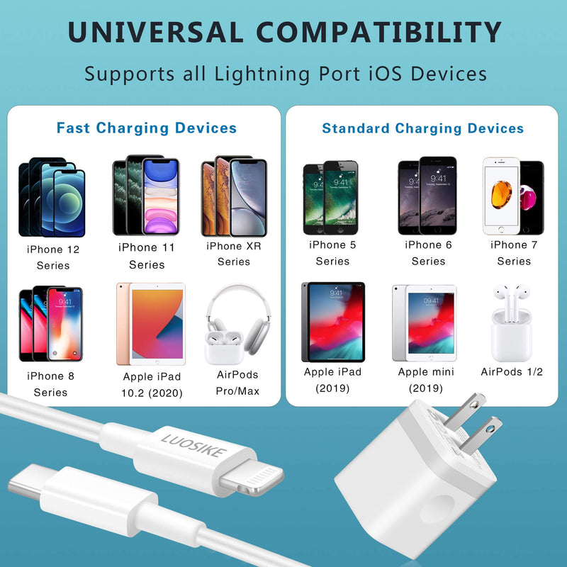10FT iPhone 12 Fast Charger [MFi Certified], LUOSIKE 20W USB C Charger Block PD Wall Plug with 10Foot Long USB-C to Lightnings Cable for iPhone 12 /Pro Max/Mini, 11/XS/XR/X/8/Plus, Airpods, iPad