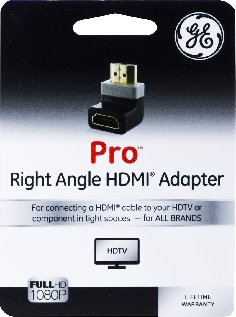 GE Right Angle HDMI Adapter, Ideal for Wall Mounted TVs, Gaming Monitors, Tight Spaces, Full HD 1080P, Prevents Cable Damage and Performance Loss from Bending, 34896, Black