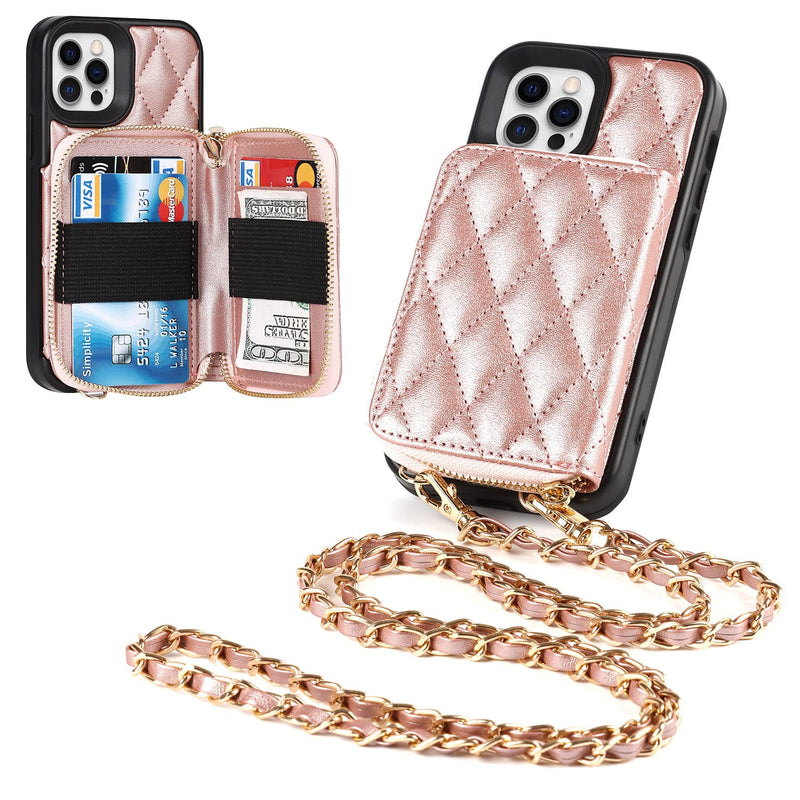 Jaorty Crossbody Detachable 2 in 1 Wallet Case for iPhone 12 and iPhone 12 Pro,Crossbody Case with Zipper Card Holder Bag Wrist Strap Lanyard Purse Compatible with iPhone 12/12 Pro 6.1 inch,Rosegold RoseGold