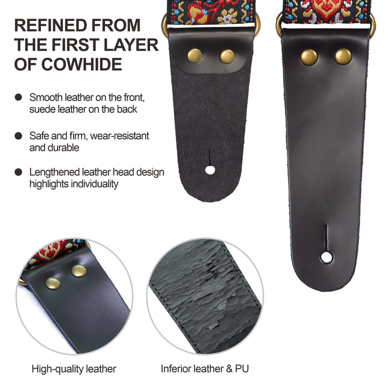 Guitar Strap, Vintage Embroidered Cotton Guitar Straps with Genuine Leather Ends for Bass, Electric & Acoustic Guitars, Come with Free Strap Button, 1 Pair Strap Locks and 4 Guitar Picks (Red Flower) A# - Woodstock Red