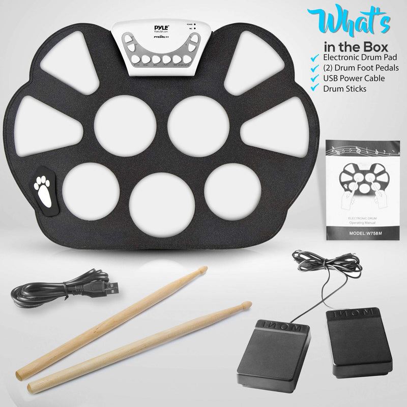 Pyle Electronic Roll Up MIDI Drum Kit - W/ 9 Electric Drum Pads, Foot Pedals, Drumsticks, & Power Supply Tabletop Roll Up Drum Kit | Loaded W/ Drum Electric Kits & Songs - Pyle PTEDRL11