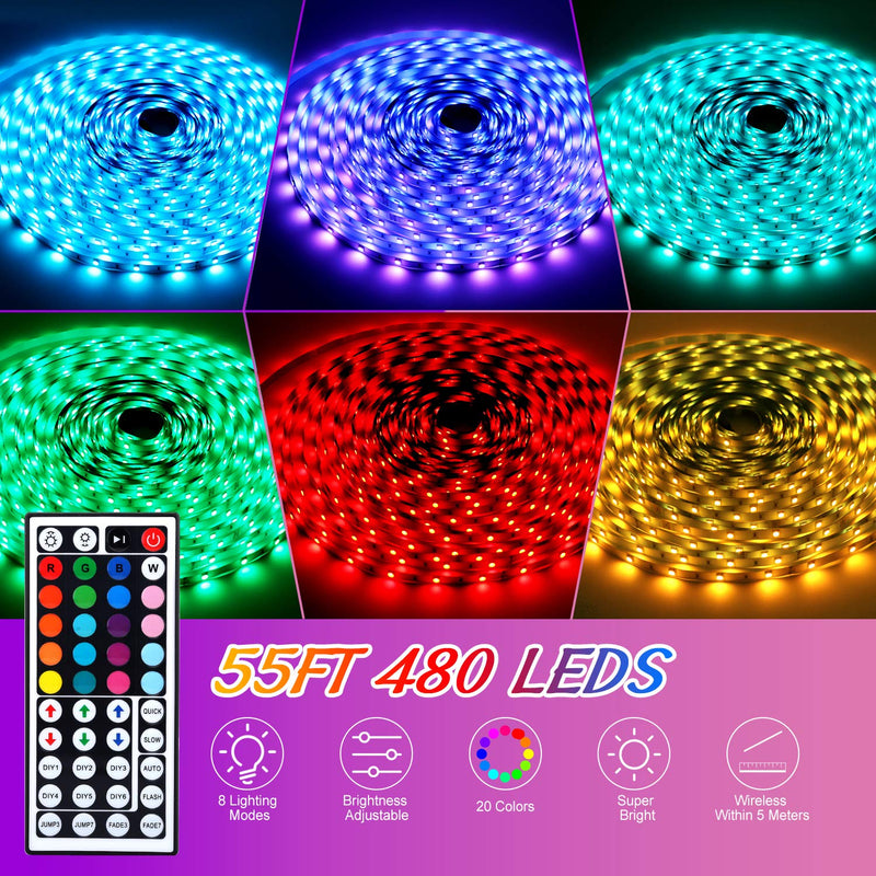 [AUSTRALIA] - LED Strip Light 55ft DLIANG RGB Flexible Tape Lights 5050 SMD RGB 480 LEDs Non Waterproof 16M Rope Light with 44 Keys IR Remote Controller and 24V Power Adapter for Home Kitchen Party Deco 