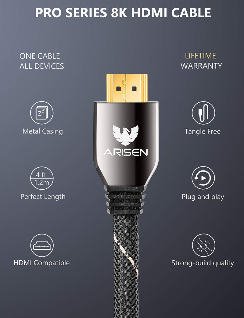 HDMI 2.1 Cable 4ft, 4K@120 8K@60HZ ARISEN Ultra High Speed 48Gbps HDMI Cable Heavy Duty Braided HDMI Cord eARC Dolby Vision HDR10 HDCP 2.2 2.3 Compatible with RTX 3080 3090 PS5 PS4 Xbox UHD TV Laptop 4ft / 1.2m