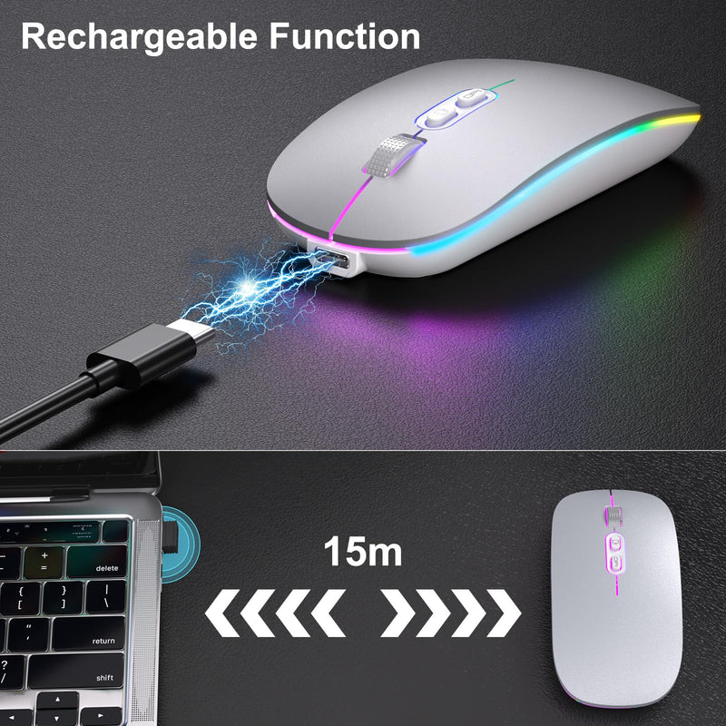 【Upgrade】 LED Wireless Mouse, Slim Silent Mouse 2.4G Portable Mobile Optical Office Mouse with USB & Type-c Receiver, 3 Adjustable DPI Levels for Notebook, PC, Laptop, Computer, MacBook (MattSilver) MattSilver