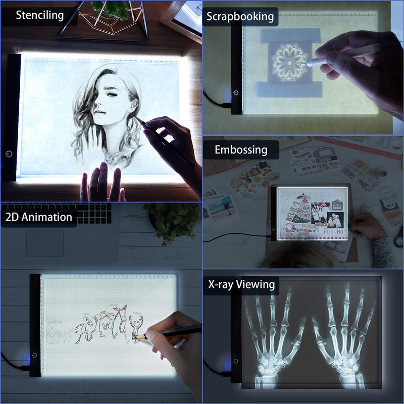 Portable A4 LED Light Box for Artcraft Tracing, SUPERDANNY Ultra-Thin Dimmable Brightness Copy Board with Clips, USB Powered Light Pad for Artists Drawing Sketching Animation Steaming Painting
