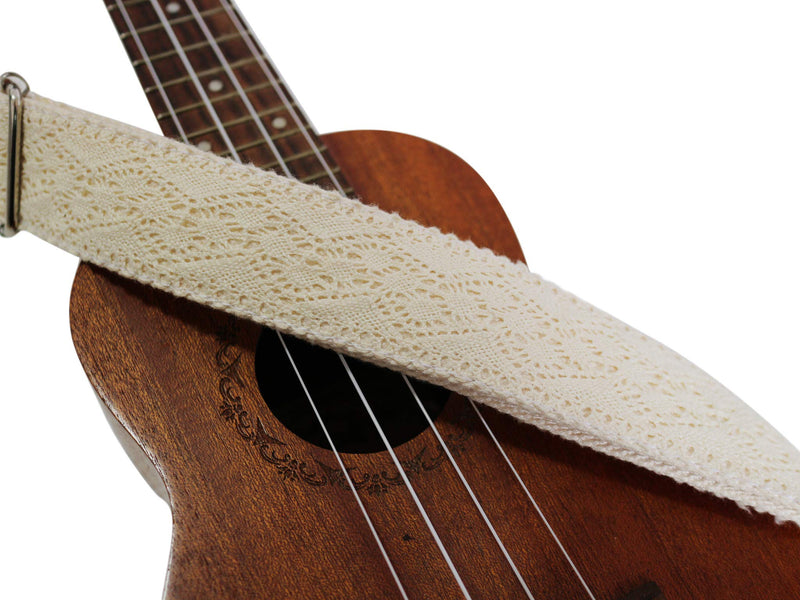 MUSIC FIRST Original Design Cream Graceful & Vintage"Lace" Soft Lace & Genuine Leather Ukulele Strap Ukulele Shoulder Strap With a MUSIC FIRST Genuine Leather Strap Locker (Cream)