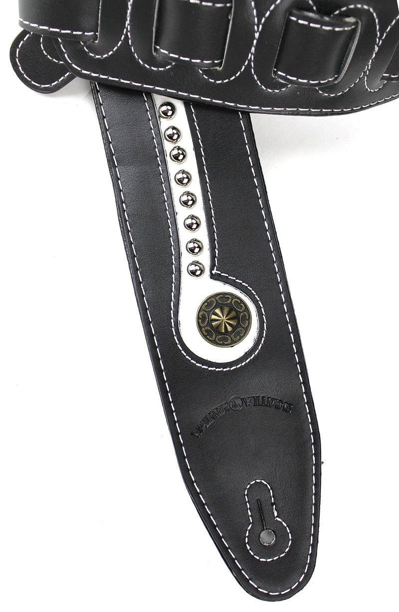 Walker & Williams Black & White Top Grain Leather Guitar Strap with Chrome and Brass Metal Studs
