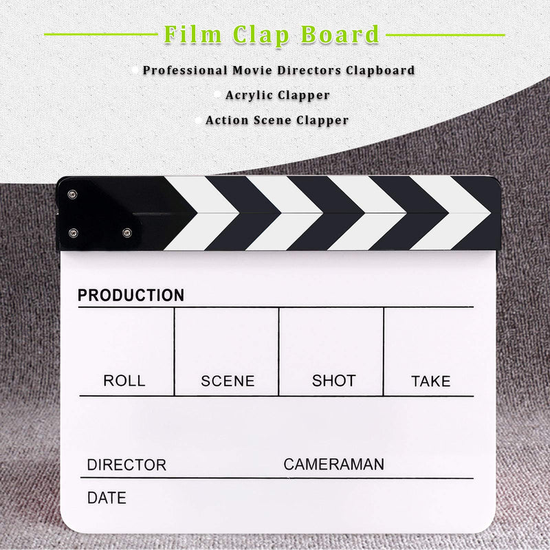 Keadic Movie Film Clap Board, Black and Acrylic Directors Clapboard with 5 Pcs Erasable Pen and Chalkboard Eraser, 10 x 12'' Photography Studio Video TV Cut Action Scene Clapper Board