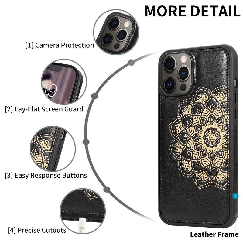 CASEOWL Wallet Case Compatible for iPhone 12 Pro Max,Magnetic Detachable Case Fit Magnetic Car Mount,Card Solts Holder, Embossed Mandala Pattern Flower Floral Leather Flip Wallet Case[Black] Black [Compatible for iPhone 12 Pro Max 6.7'' ONLY]