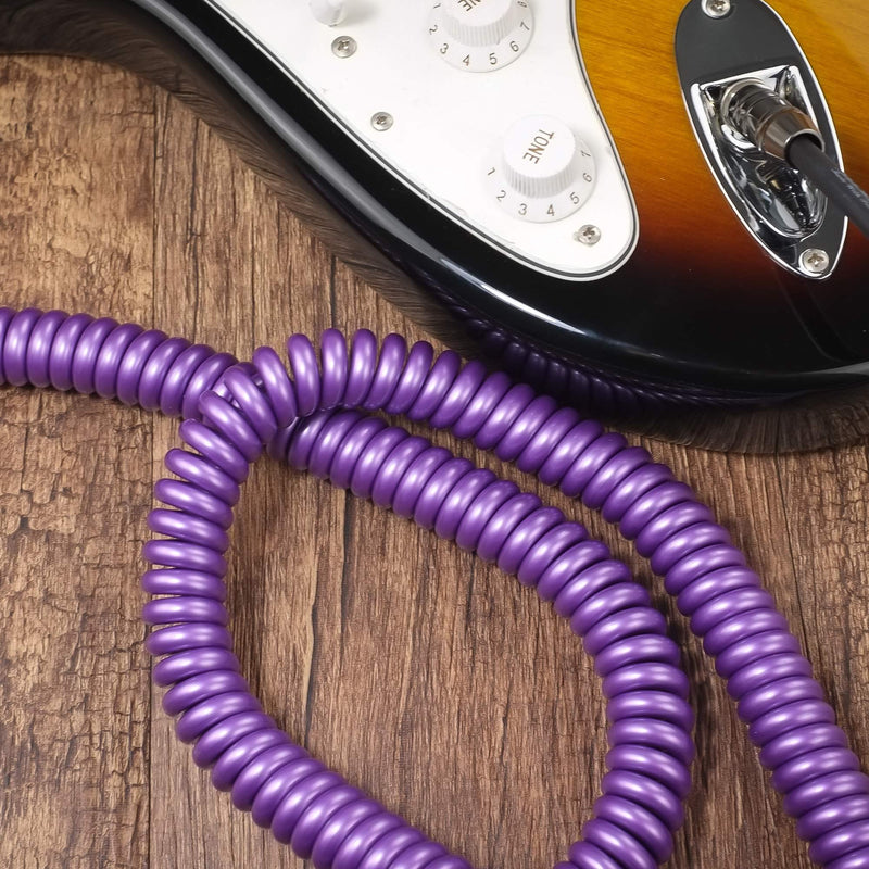 M MAKA Premium Guitar Coil Cable 20 Feet, Instrument Coiled Curly Cord for Guitar Bass, 1/4 inch Right Angle to Straight, Purple 20'