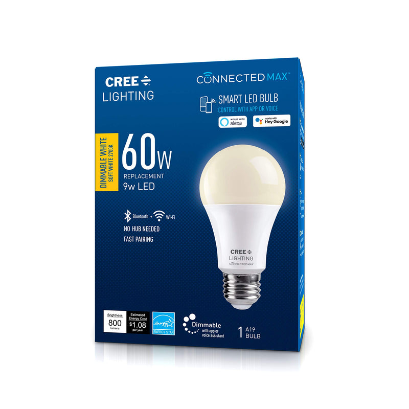 Cree Lighting Connected Max Smart LED Bulb A19 60W Dimmable Soft White 2700K, Works with Alexa and Google Home, No Hub Required, Bluetooth + WiFi, 1pk 1 Pack