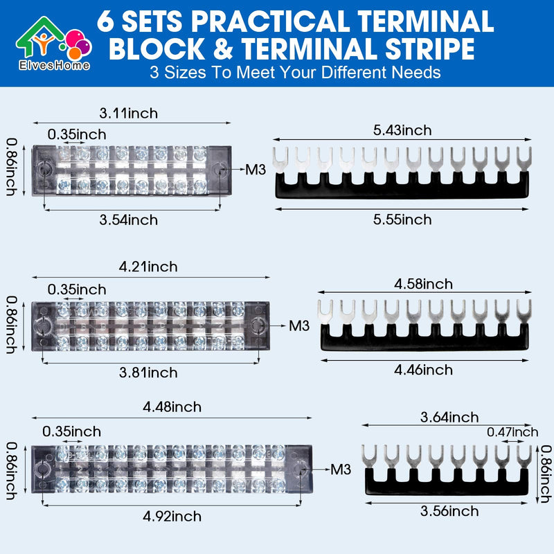 Terminal Blocks Ground Circuit 12PCS/6 Set 8+10+12 Positions 600V 15A Dual Row Bus Bar Wire Amp Mount Screw Terminal Block Kit with Cover 400V Pre Insulated Strip for DIY Small Electrical Home Project 12PCS-8P+10P+12P Set-15A