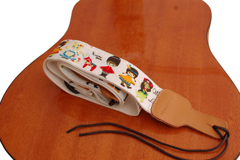 MUSIC FIRST Original Design, 2 inch width (5cm), Cute Cartoon Delux“What A Wonderful World” Soft Cotton & Genuine Leather Ukulele Strap, Guitar Strap, Mandolin Strap