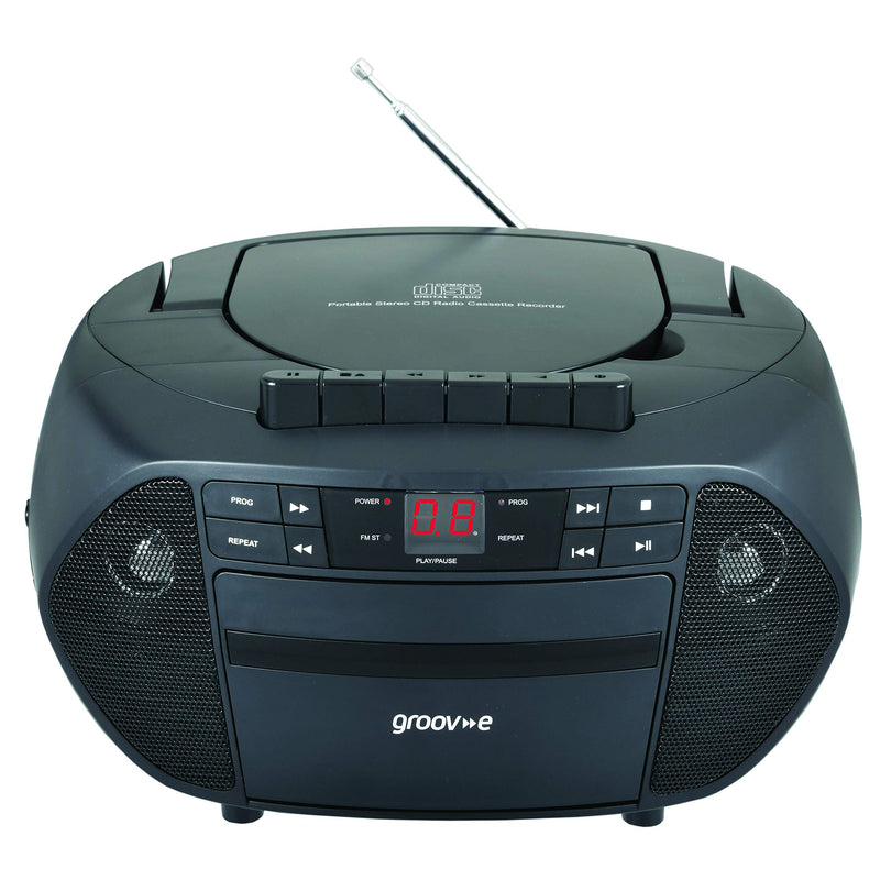 Groov-e GVPS833/BK Traditional Boombox Speaker, Portable CD & Cassette Player with FM Radio , Traditional Black CD Player