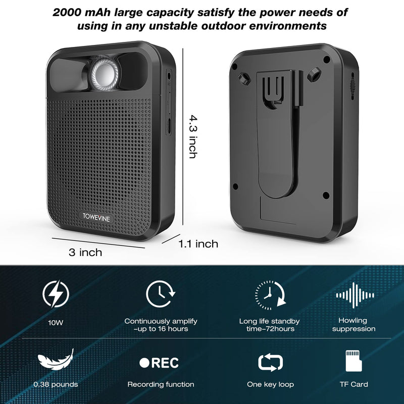 Portable Voice Amplifier, Towevine Rechargeable Microphone for Teachers, Speaker with Headset and Waistband for Classroom, Singing, Coach, Training, Presentation, Tour Guide Black