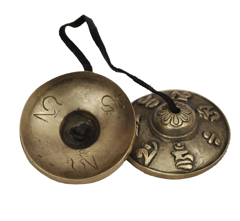 Dharma Store - Tibetan Tingsha Cymbals - 6.2 cm - OM Mane Padme Hum Symbols Embossed 6.6 cm