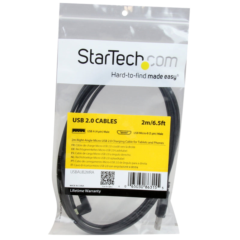 StarTech.com 2m 6 ft Micro-USB Charge-and-Sync Cable - Right-Angle Micro-USB - M/M - USB to Micro USB Charging Cable - 24 AWG (USBAUB2MRA) Black 2m / 6.5 ft Right Angled Connector