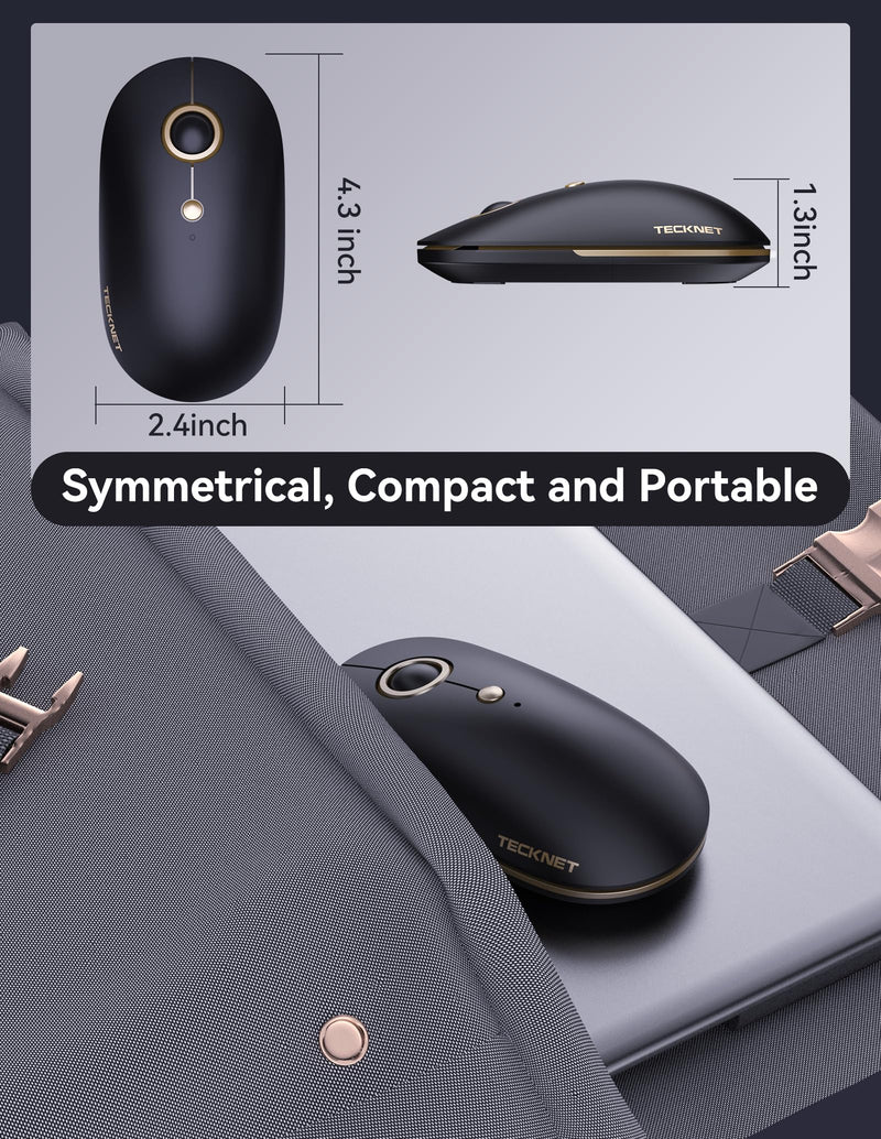TECKNET Wireless Bluetooth Mouse, 3 Mode(Dual USB+2.4Ghz) Silent Computer Mouse Bluetooth Compatible with Chromebook MacBook Pro Air, Ambidextrous Portable Wireless Mouse for Laptop PC - Black Gold