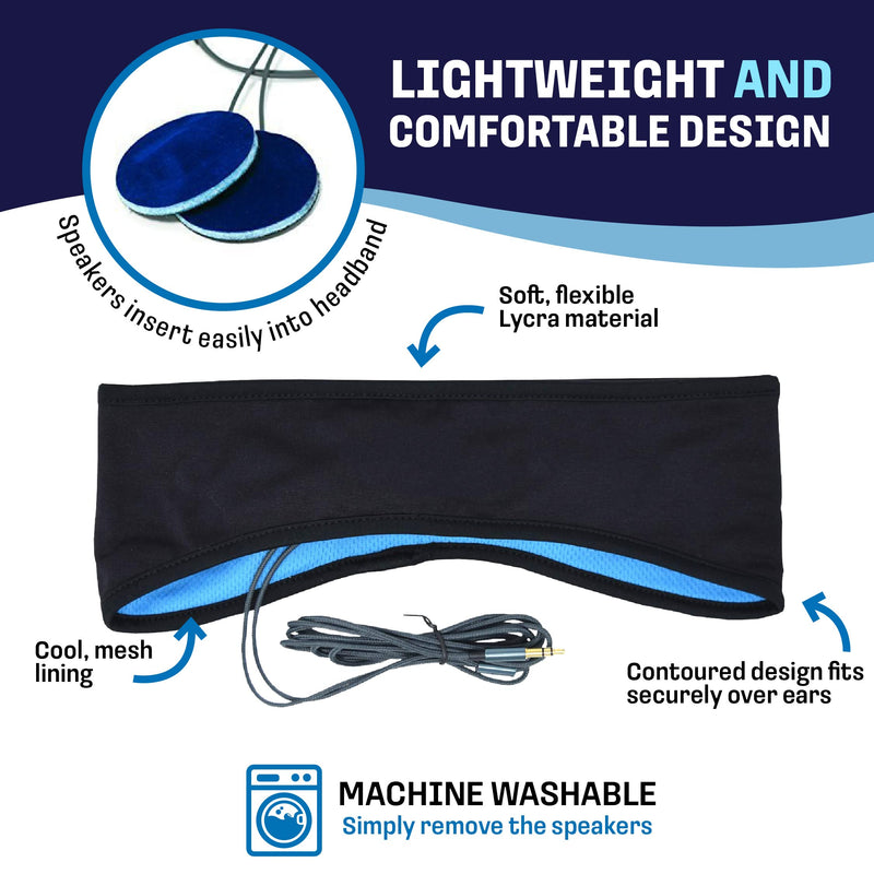 CozyPhones Over The Ear Headband Headphones - Sleep Headphones & Travel Bag, Lycra Cool Mesh Lining and Thin Speakers - Black with Blue Liner