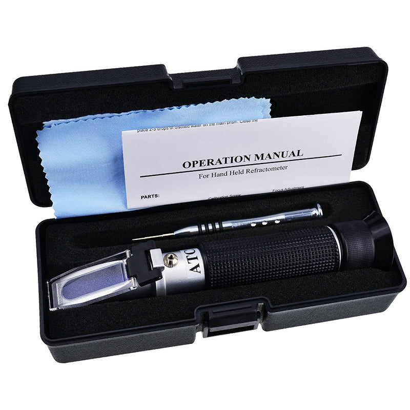 Brix Refractometer with ATC, range 0-32% Brix with 0.2% division, for brandy, beer, fruits, Cutting Liquid, with EXTRA LED light and pipettes (0-10% Brix, 0-100ppt, 1.000-1.070g/cm3 Density) 0~100% Salinity Refractometer