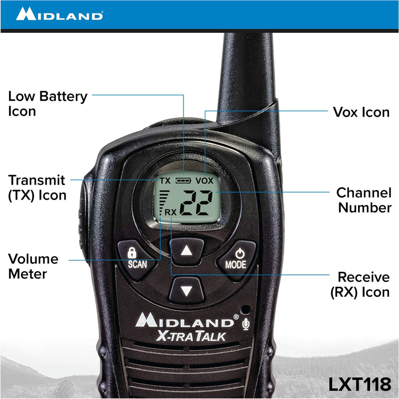 Midland - LXT118VP, FRS Walkie Talkies - Extended Range Two Way Radios, Hands-Free VOX, Batteries Included (Pair Pack) (Black)